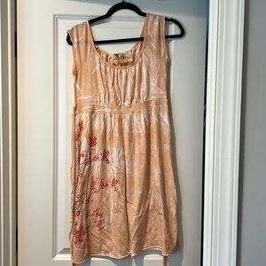 Peach and white Green Dragon dress with red blossoming tree, size small.